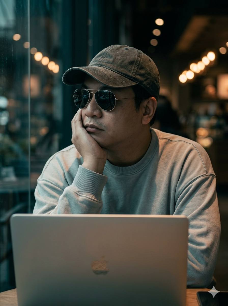 Ultra-realistic cinematic portrait of a young man sitting inside a modern café
behind an open silve