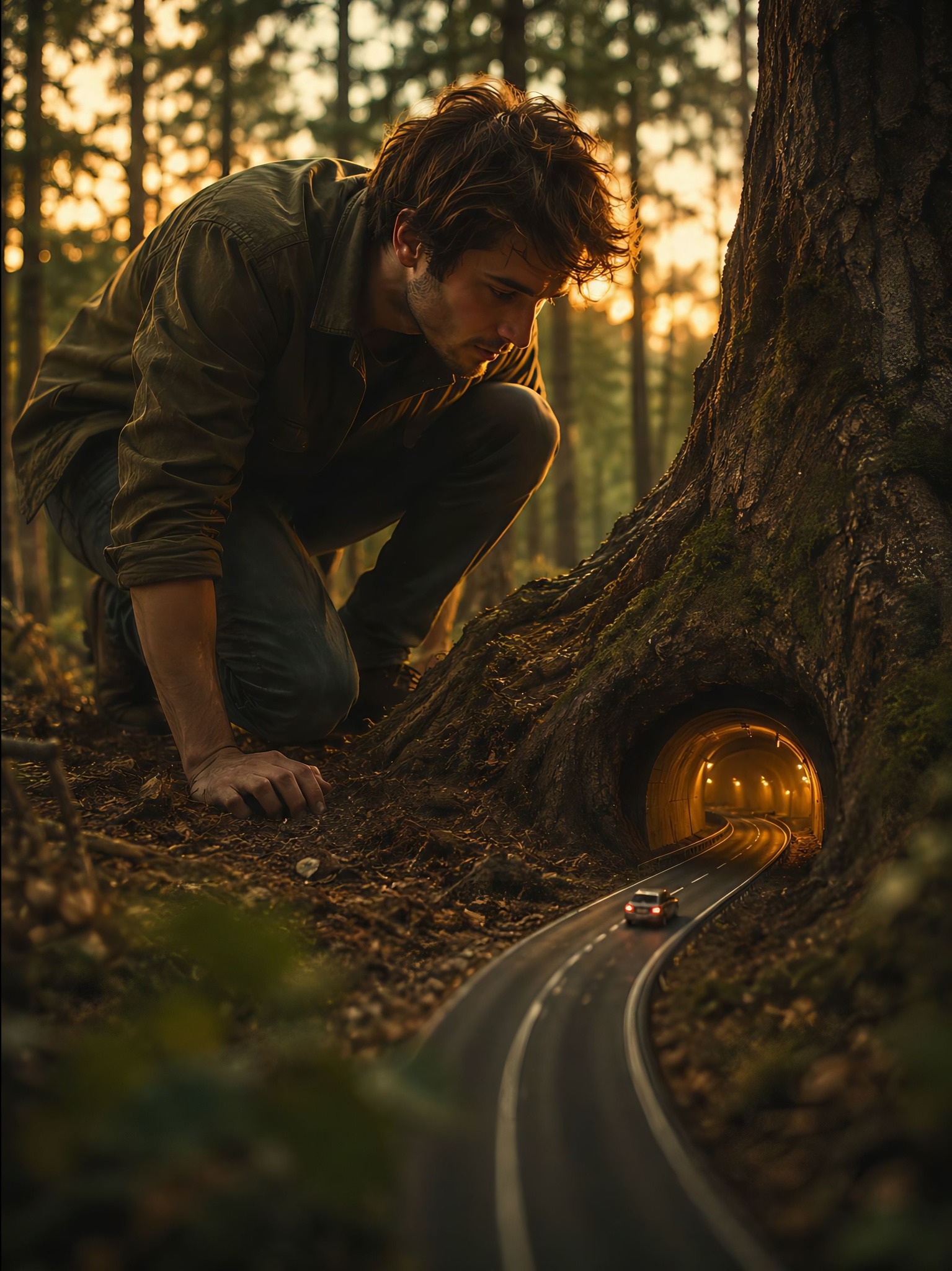 Surreal cinematic forest scene with giant man kneeling beside a miniature highwa — Google Gemini AI Prompt