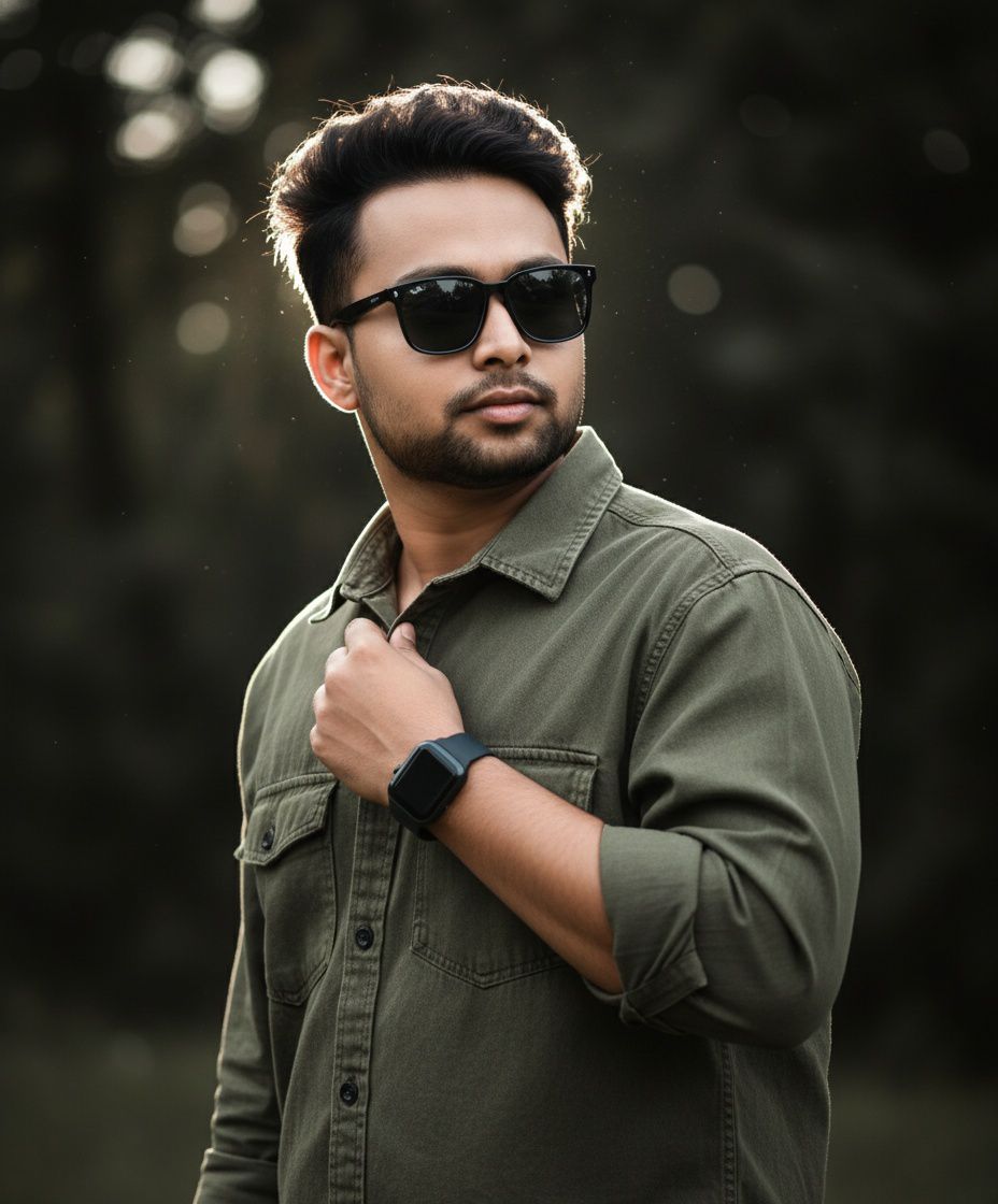 Young handsome Indian man with messy voluminous hair, wearing black glossy sungl — Google Gemini AI Prompt