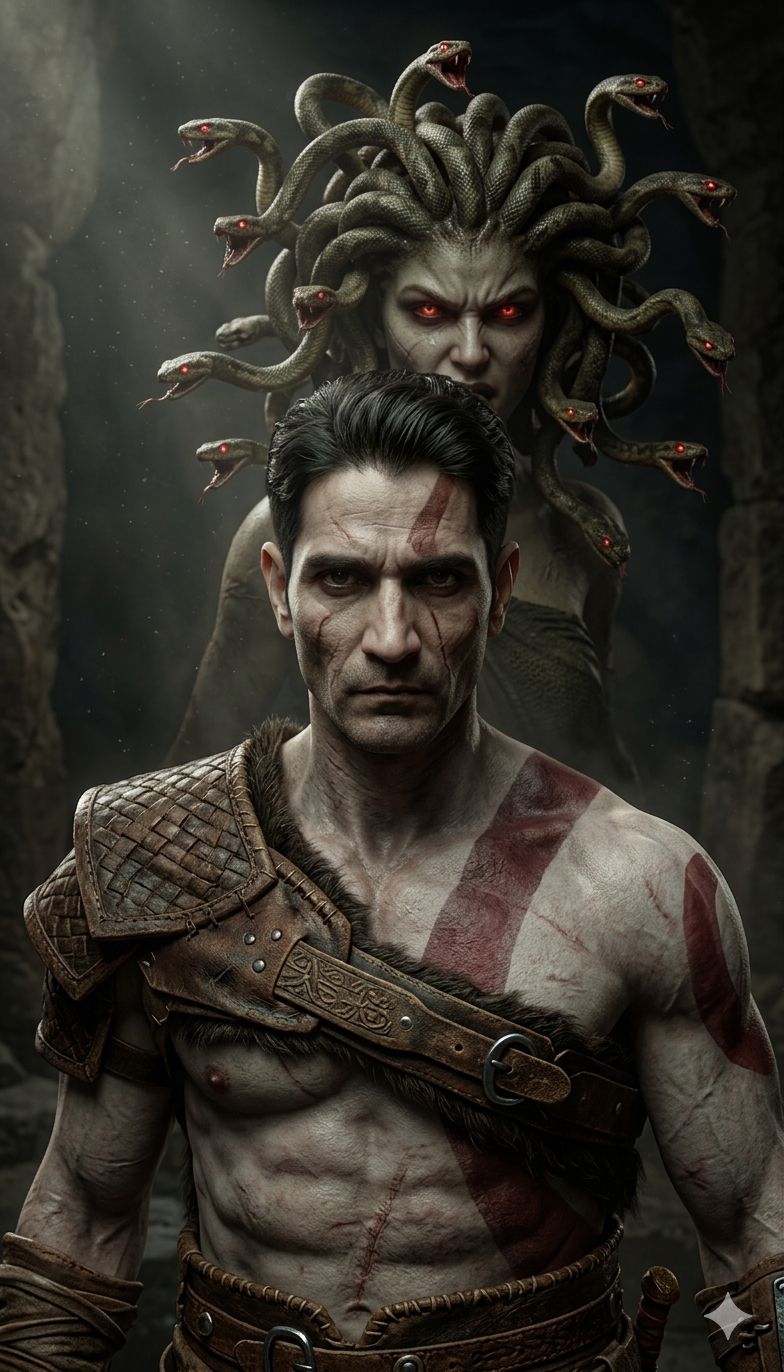 Ultra-realistic, high-definition cinematic portrait featuring Kratos from God of — Google Gemini AI Prompt