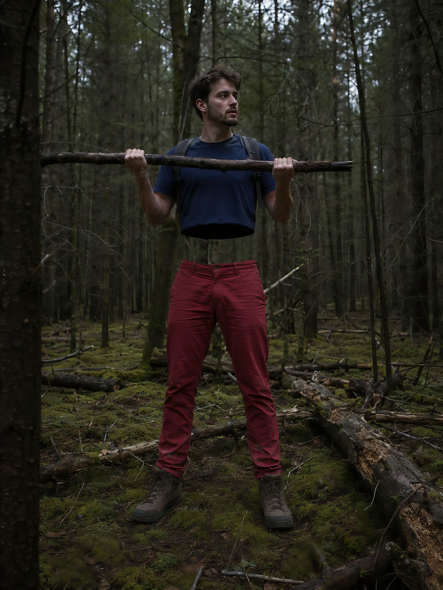 Surreal photo, man in forest with torso digitally removed, upper body floating disconnected above re