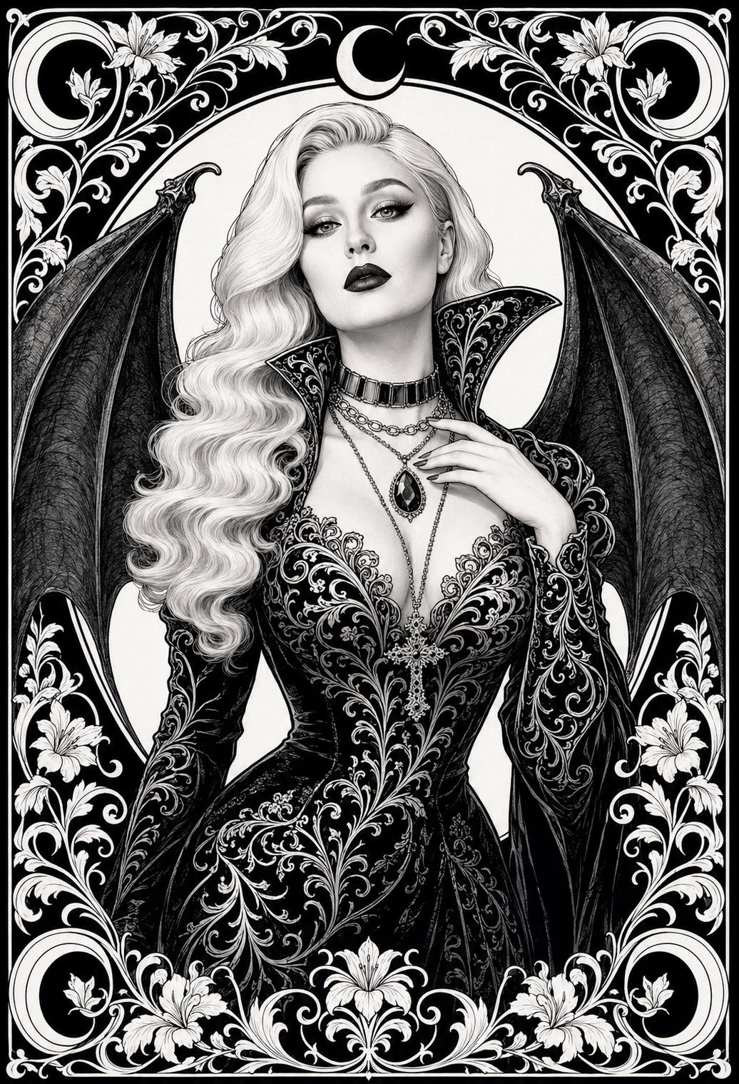 Create a high-contrast, black and white realistic image in a vintage Nouveau gothic style. The subje