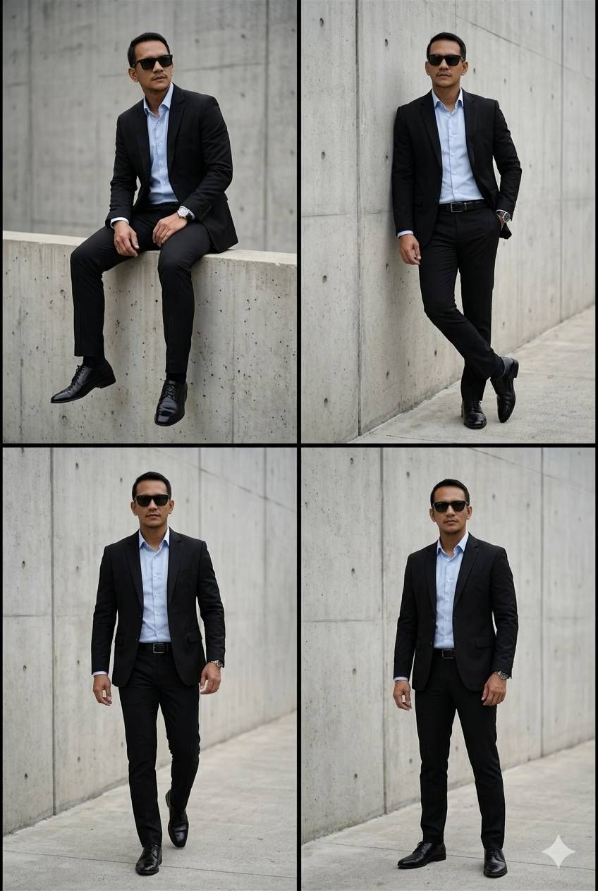 Ultra realistic 4-panel collage fashion photoshoot of a handsome man in the exact same modern concre
