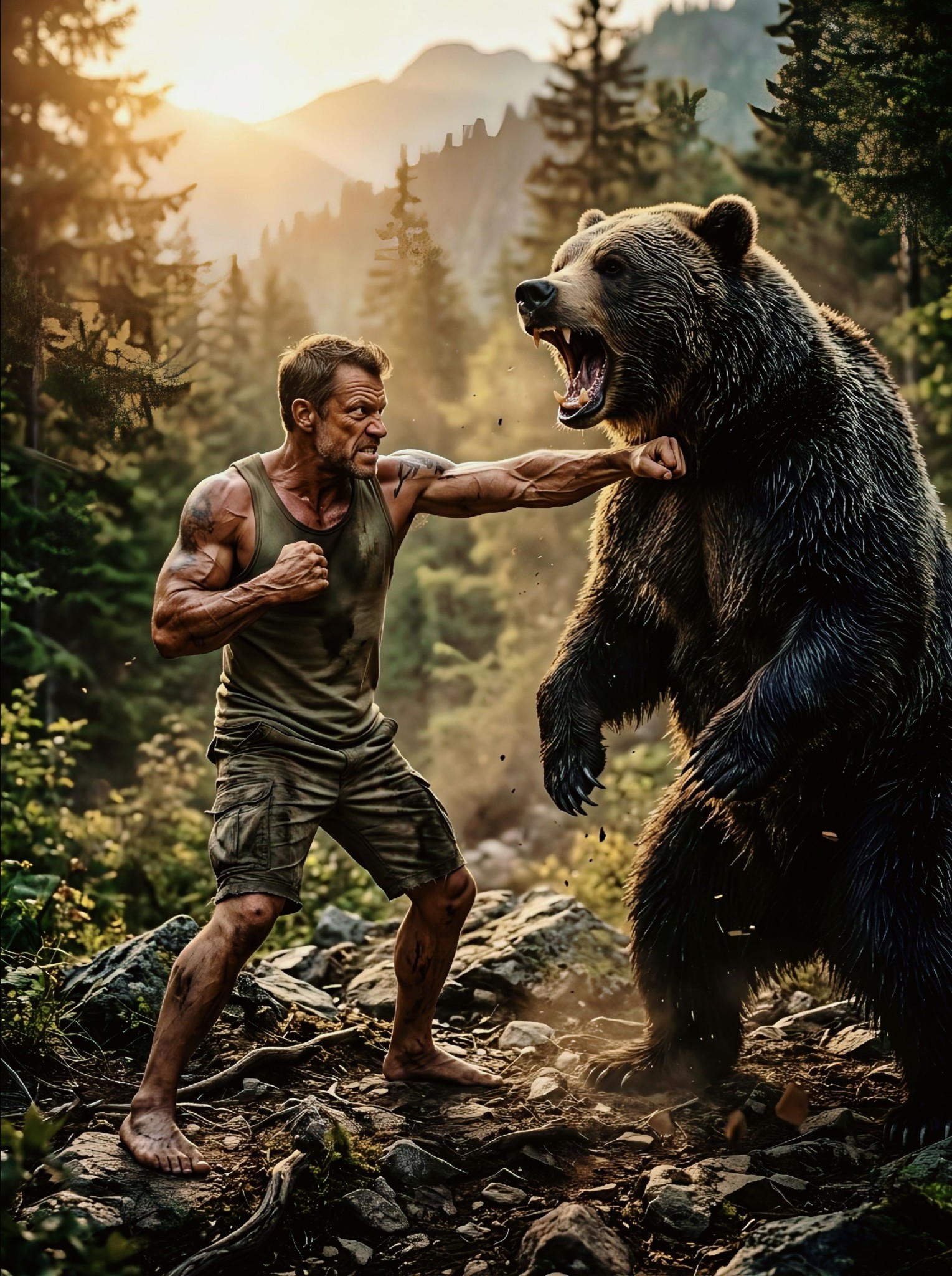 Hyper-realistic cinematic action scene of a muscular rugged man in the exact same fighting pose as r