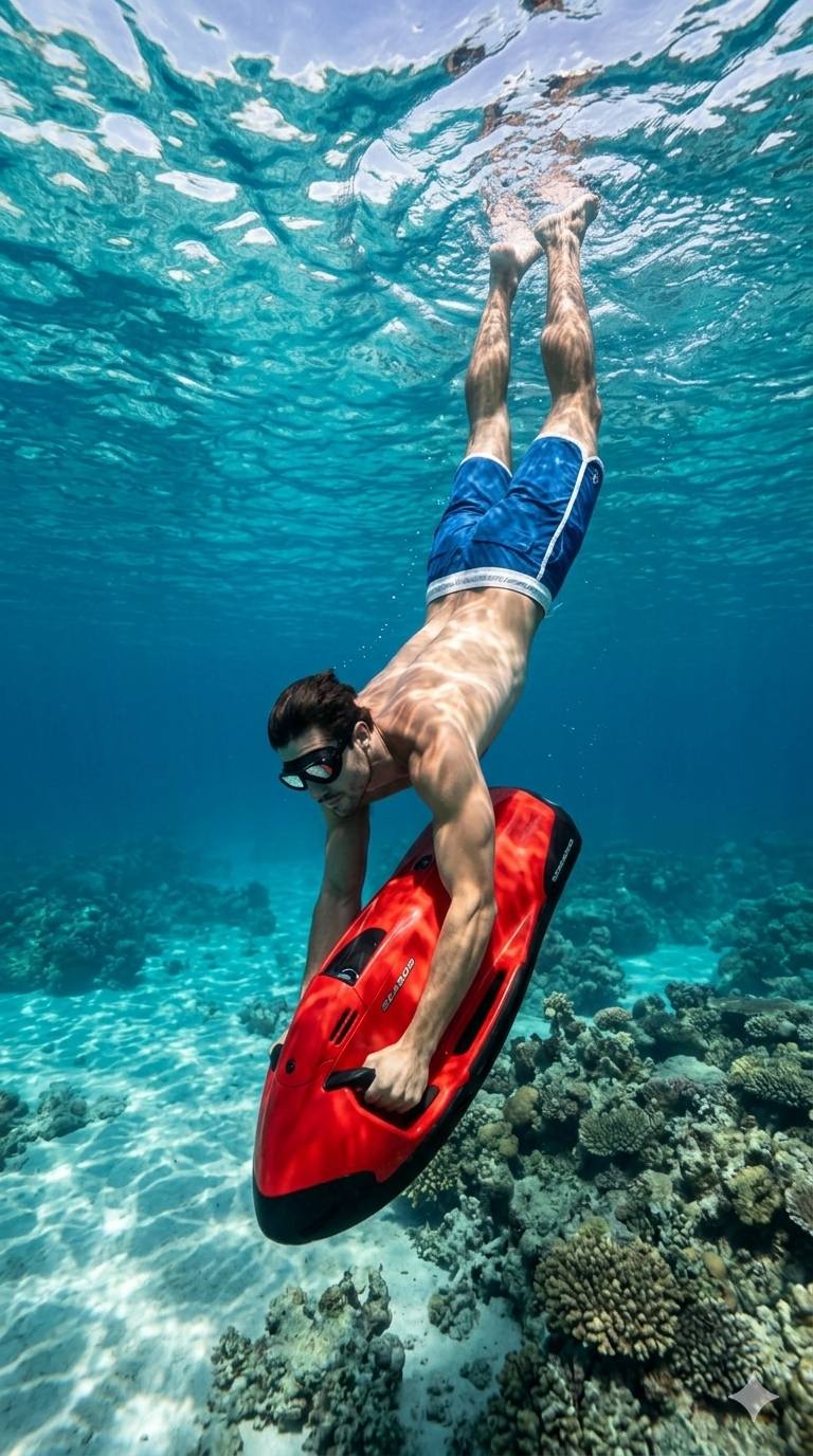 Action & Subject: An underwater, vertical shot of a fit, athletic man, Use uploaded photo 100,999% f