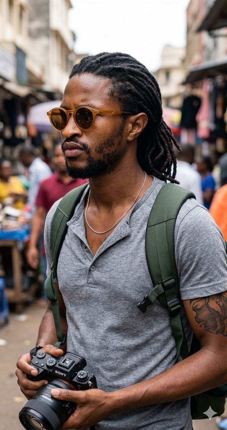 A candid, medium shot of a handsome Black man with locks neatly tied back and a  — Google Gemini AI Prompt