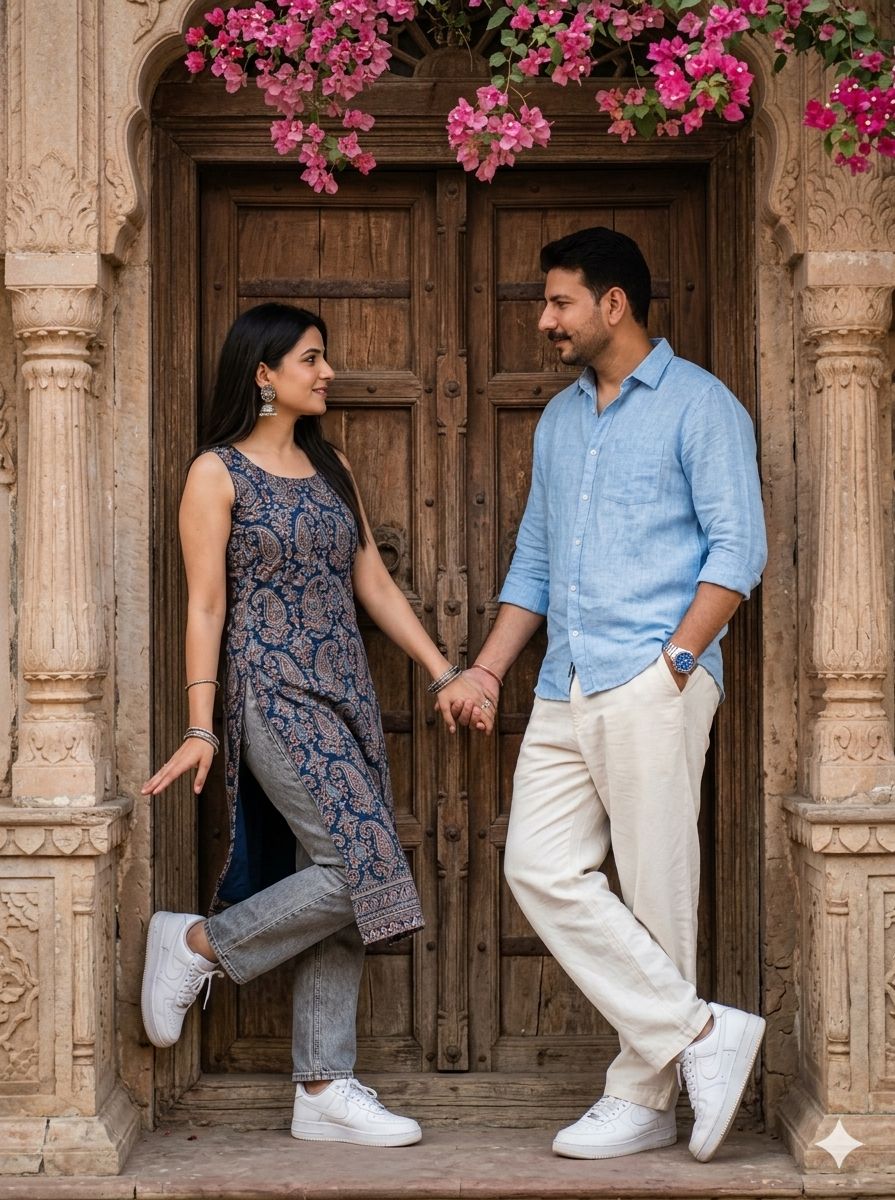 A young couple posing in front of an old rustic wooden double-door with ornate s — Google Gemini AI Prompt