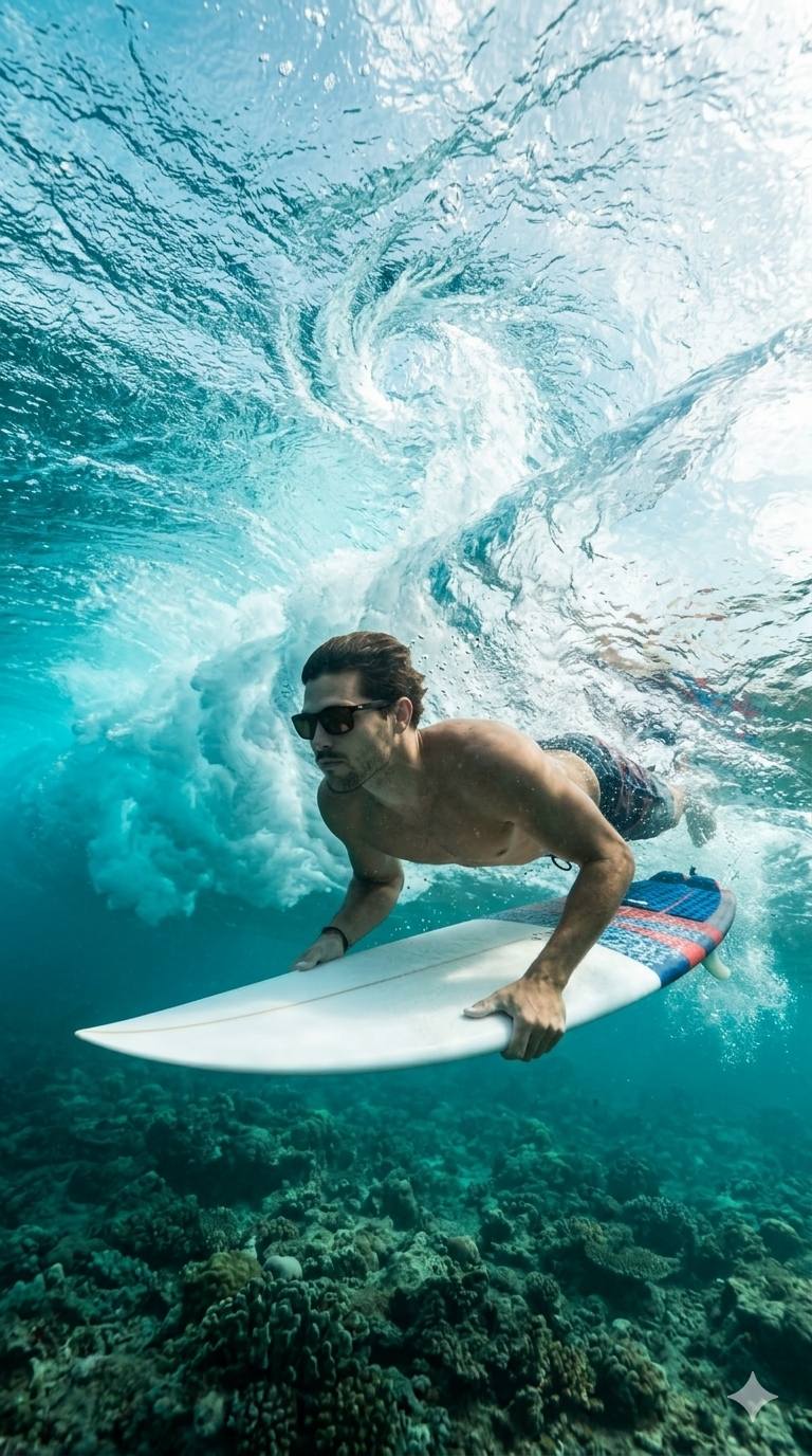 An underwater action photograph of a fit, athletic man, Use uploaded photo 100,9 — Google Gemini AI Prompt