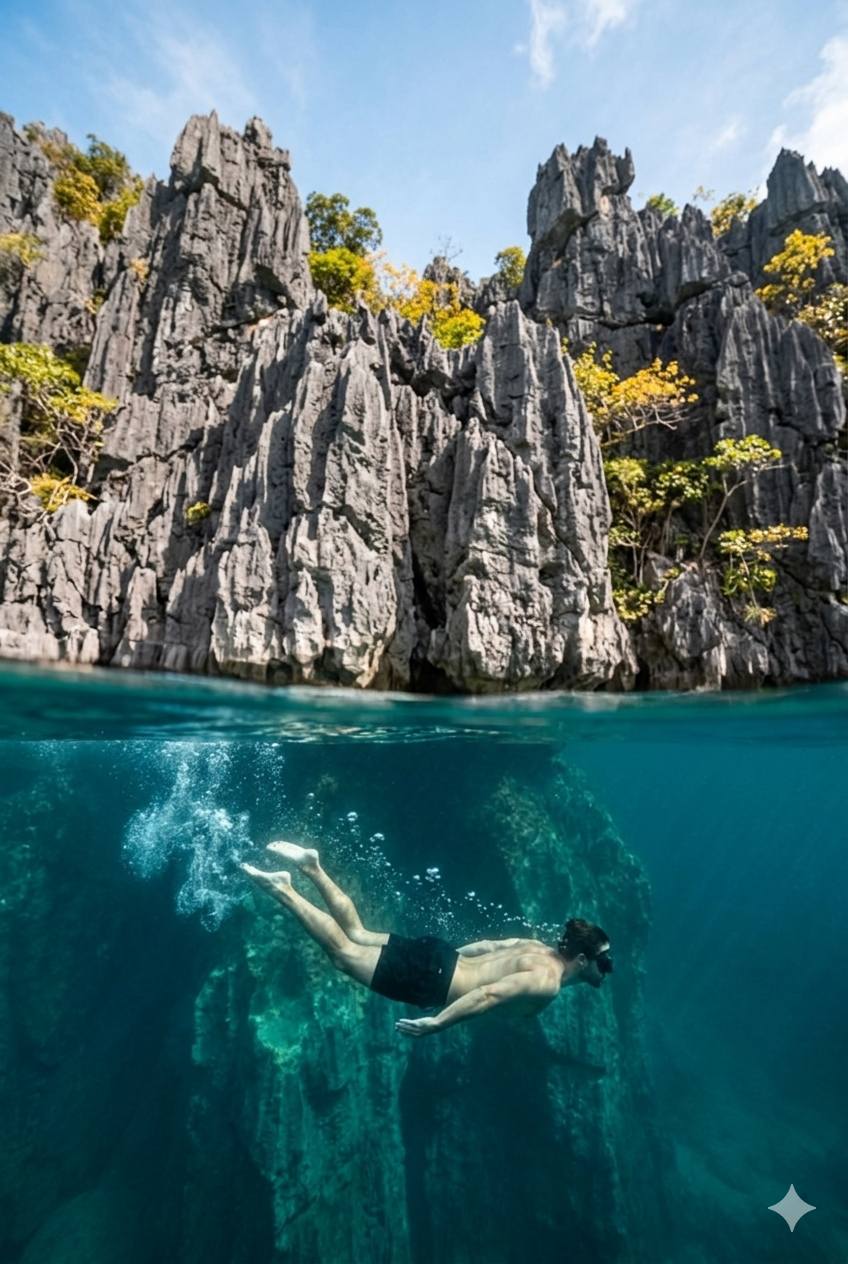 An over-under split shot photography capturing a surreal coastal landscape. The top half of the fram