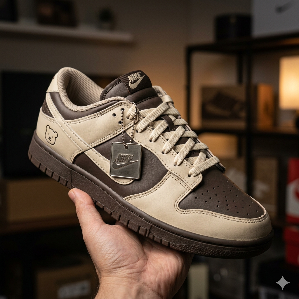 Ultra realistic luxury sneaker product photography of the exact same Nike Dunk Low sneaker, beige an