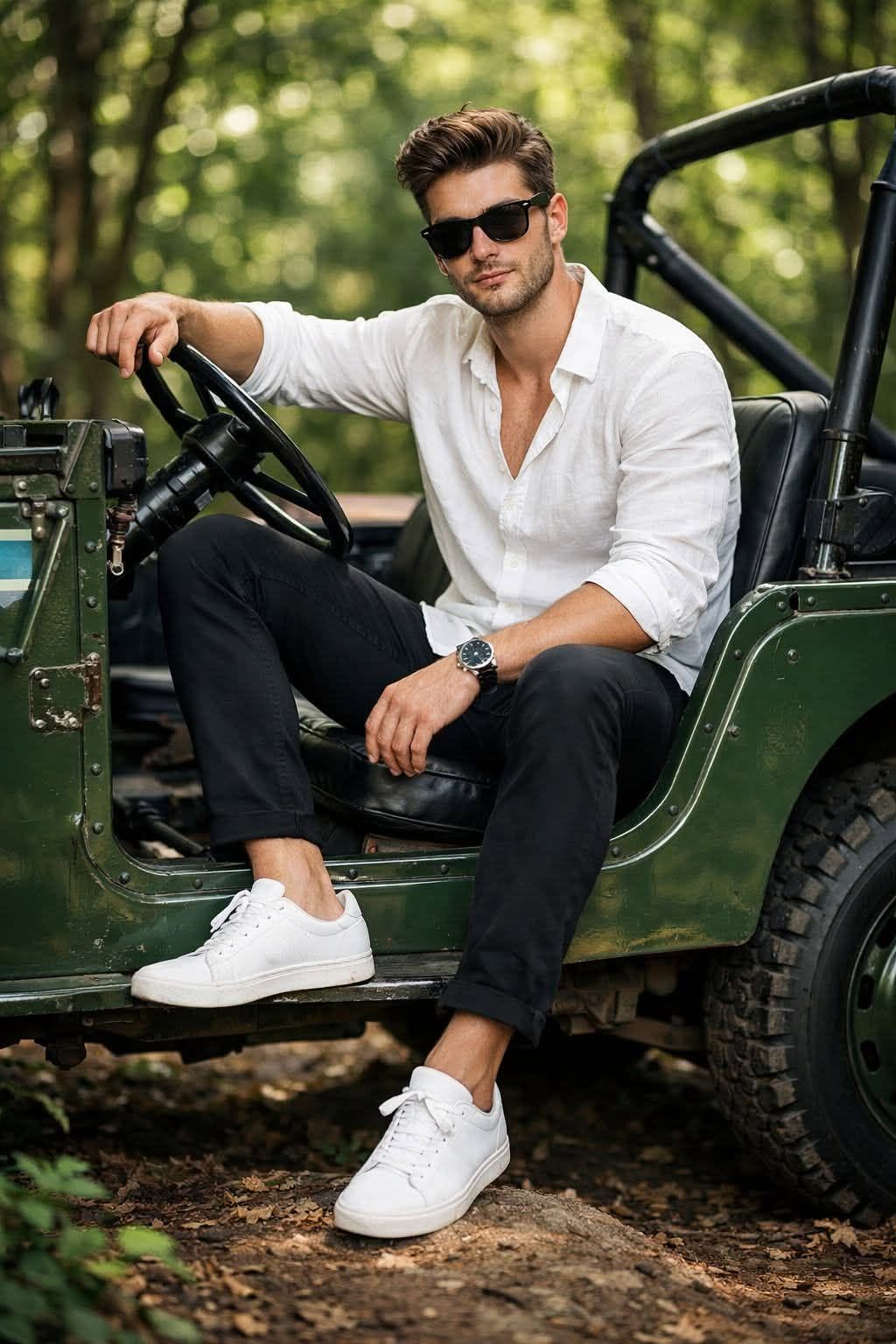 Ultra-realistic 8K cinematic full-body portrait of a stylish young man sitting s — DALL-E AI Image Prompt