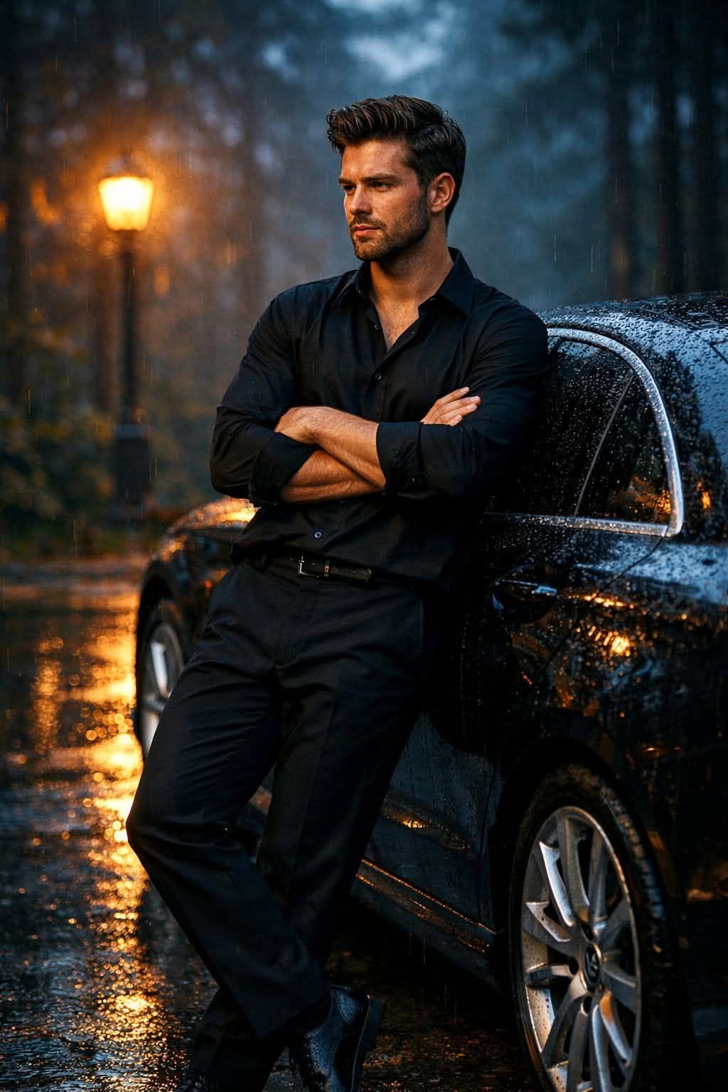 Ultra-realistic 8K cinematic portrait of a young man leaning casually against a  — DALL-E AI Image Prompt