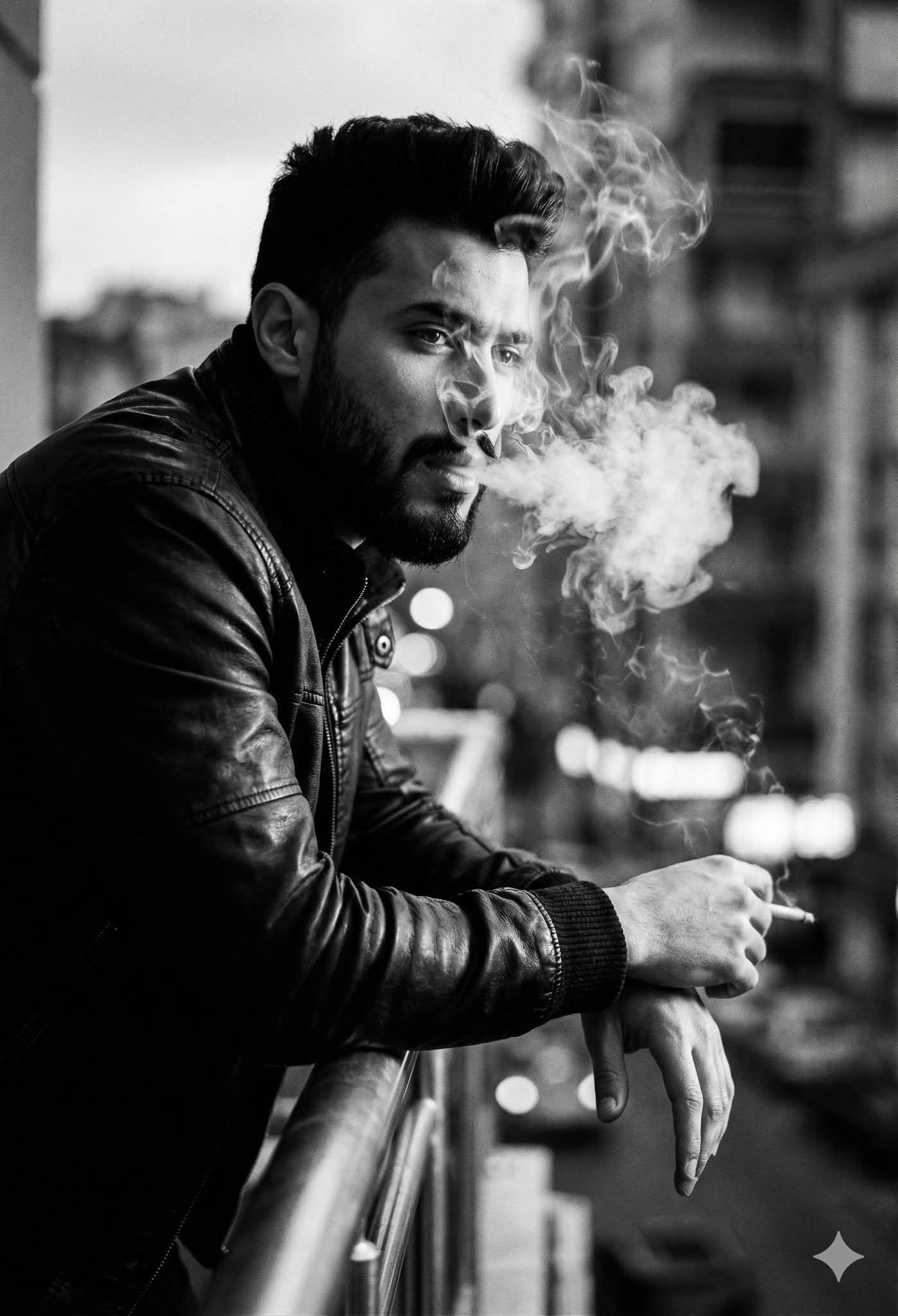 Masterpiece cinematic black and white photography, man leaning on a metal balcon — Midjourney AI Image Prompt