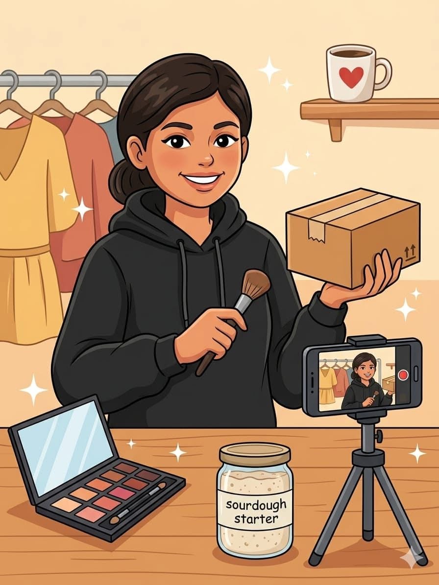 A young female content creator standing in a cozy home studio. The face must mat — Google Gemini AI Prompt