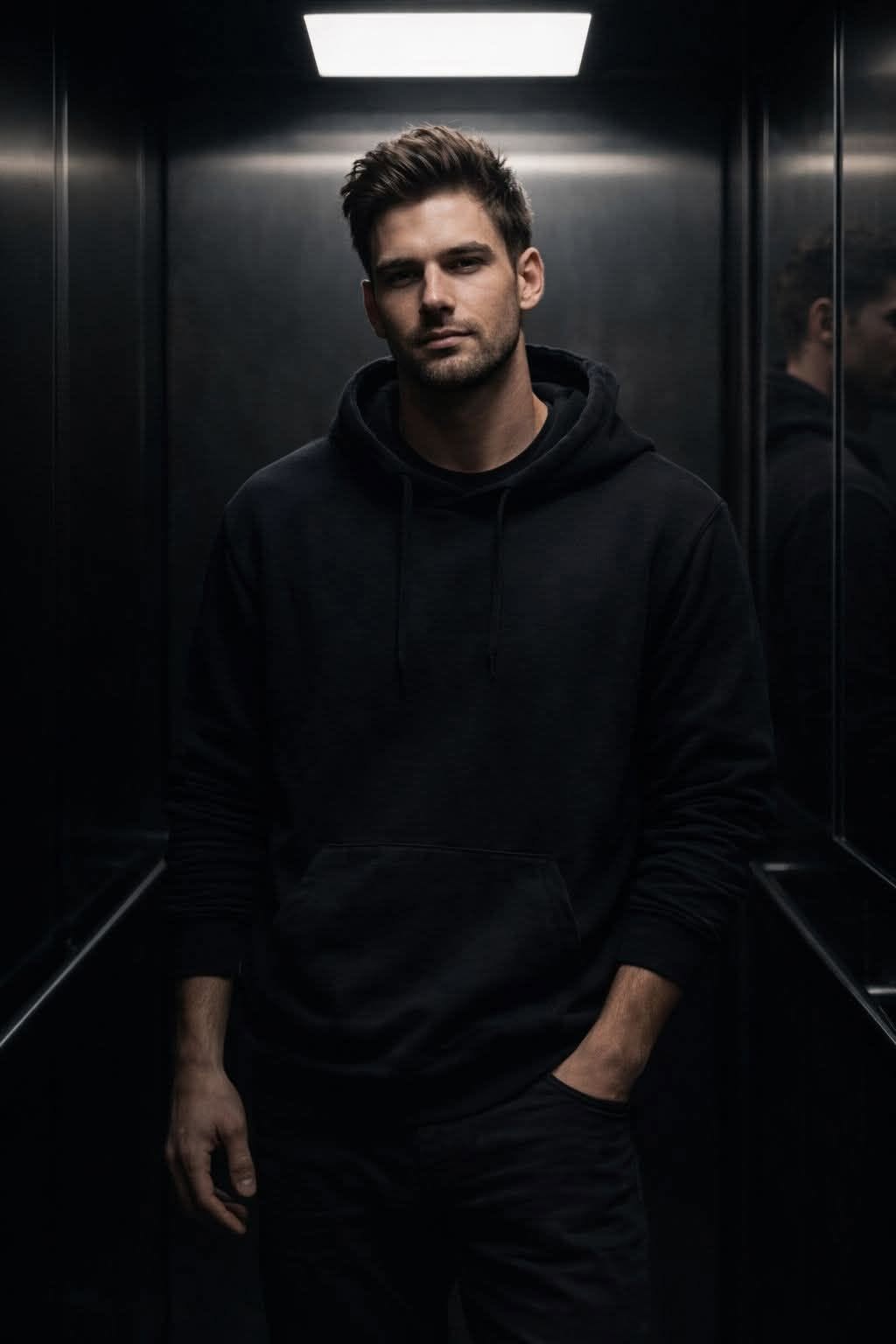 Ultra-realistic cinematic portrait of a young man standing inside a dark elevato — Google Gemini AI Image Prompt