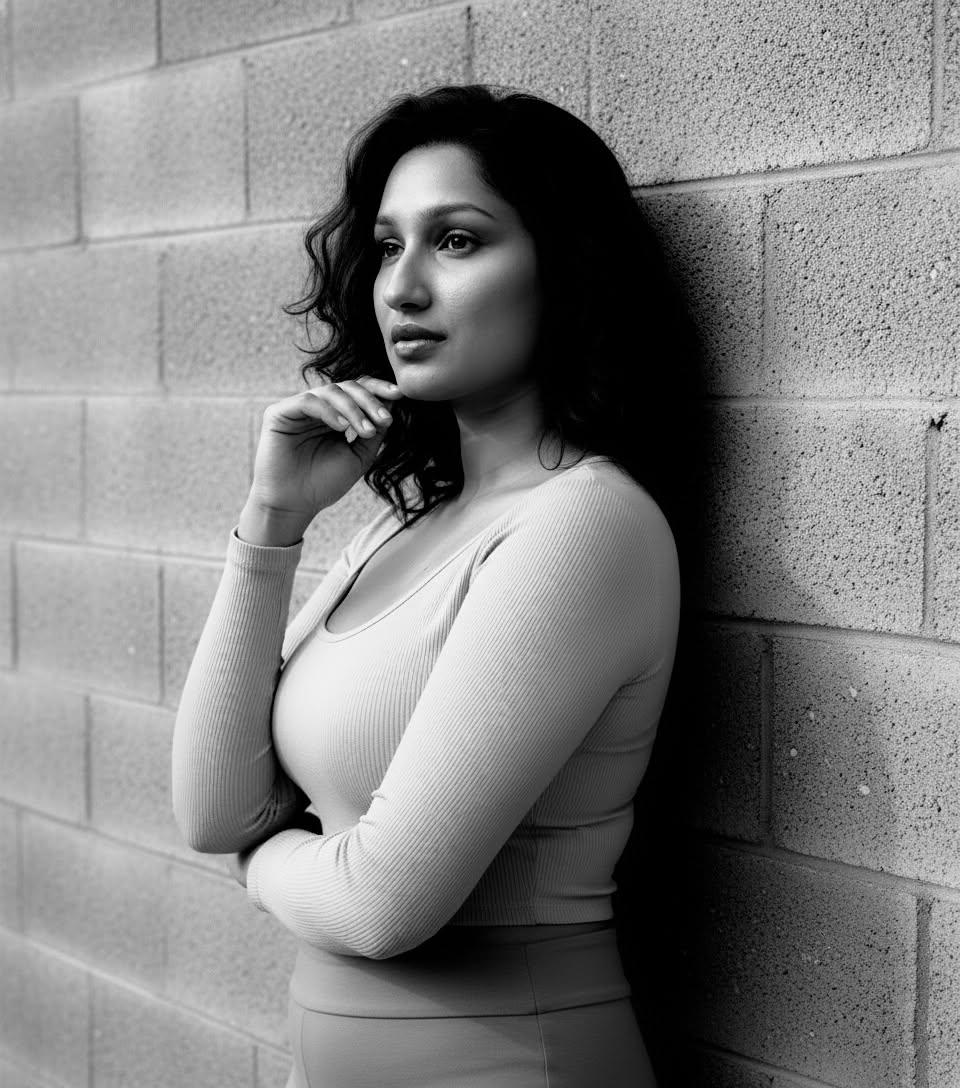 A young woman standing very close to a rough concrete block wall made of large r — Midjourney AI Image Prompt