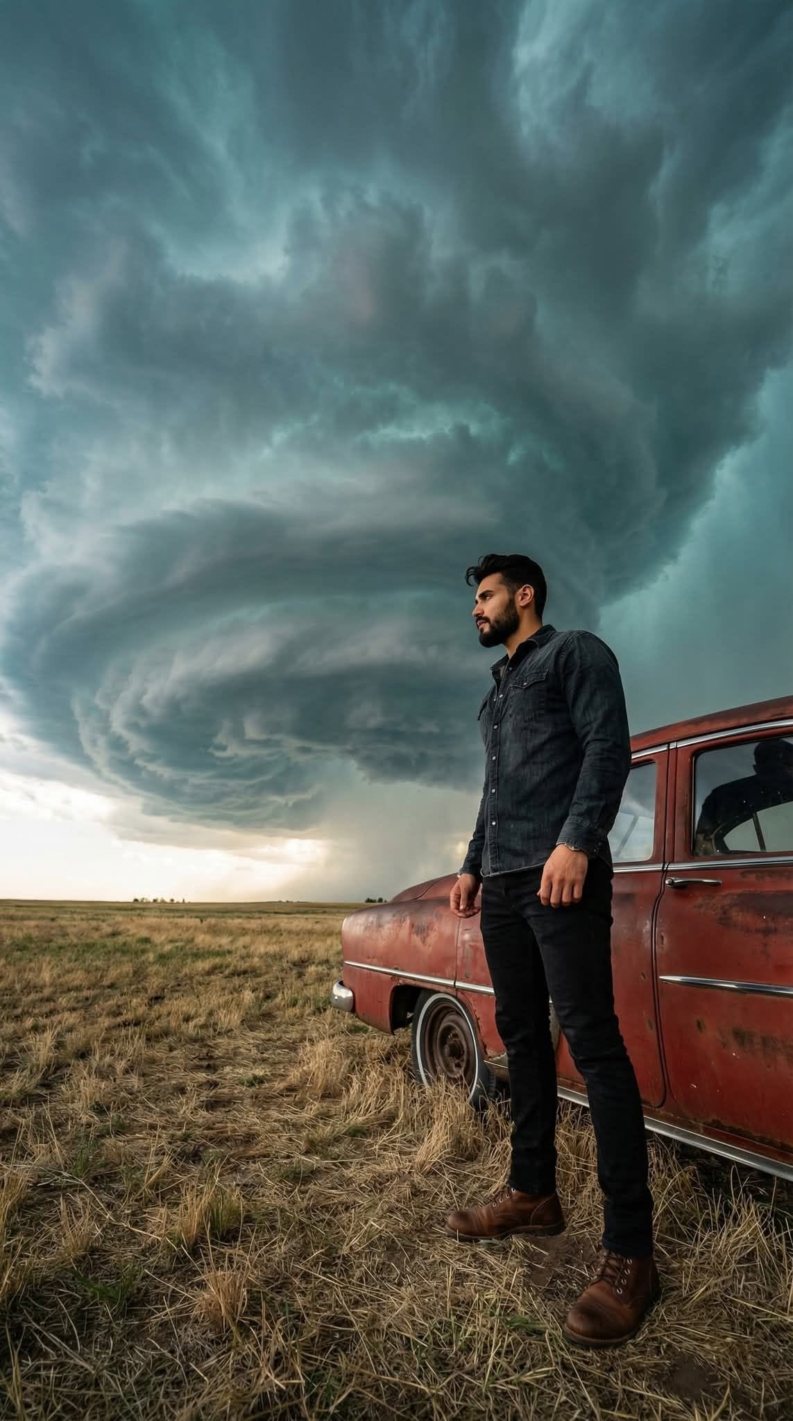 A hyper-realistic cinematic scene of a lone man standing in a dry grassy field b — Google Gemini AI Image Prompt