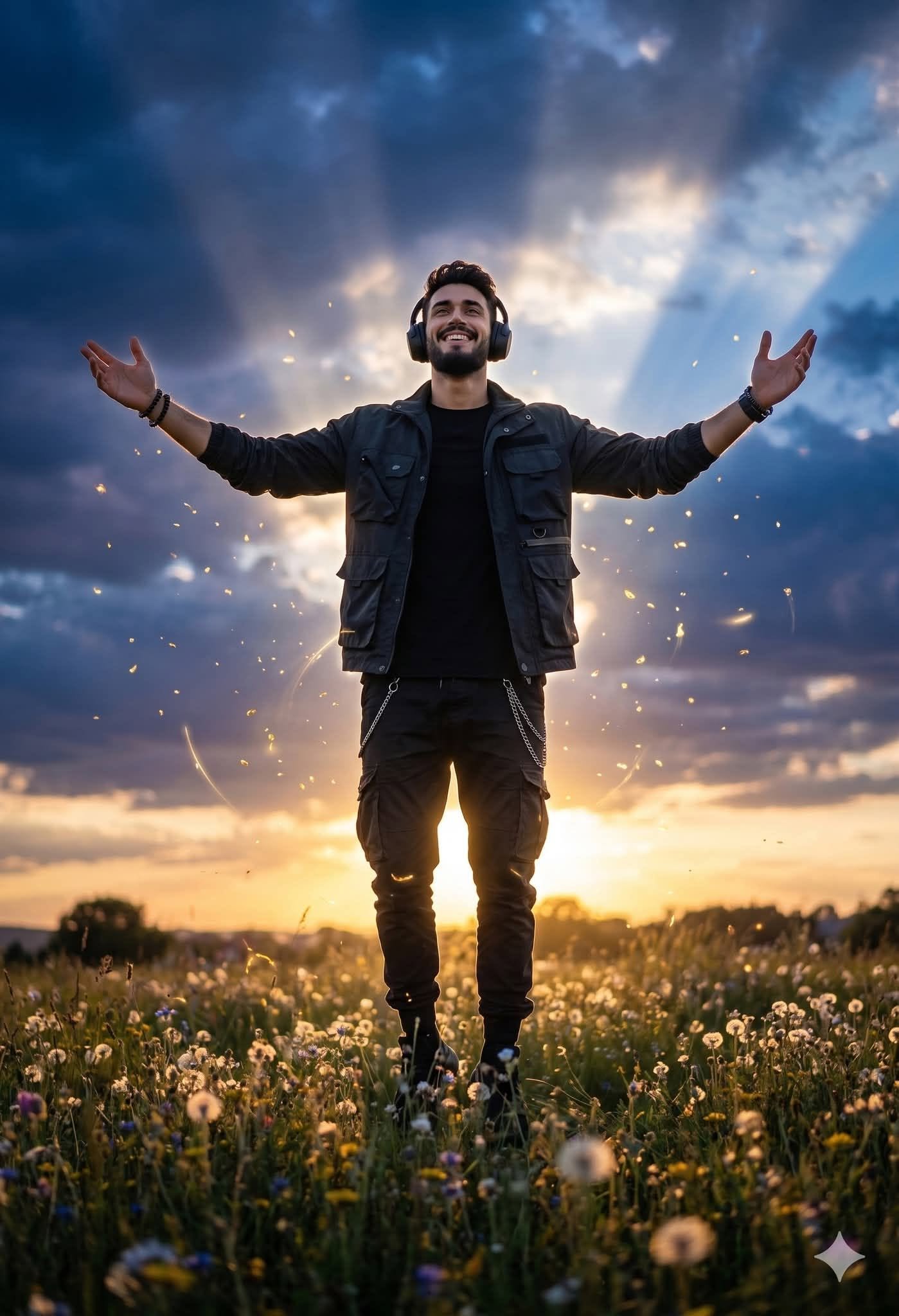 A cinematic, hyper-realistic wide shot featuring a man with an uploaded face as  — Google Gemini AI Image Prompt