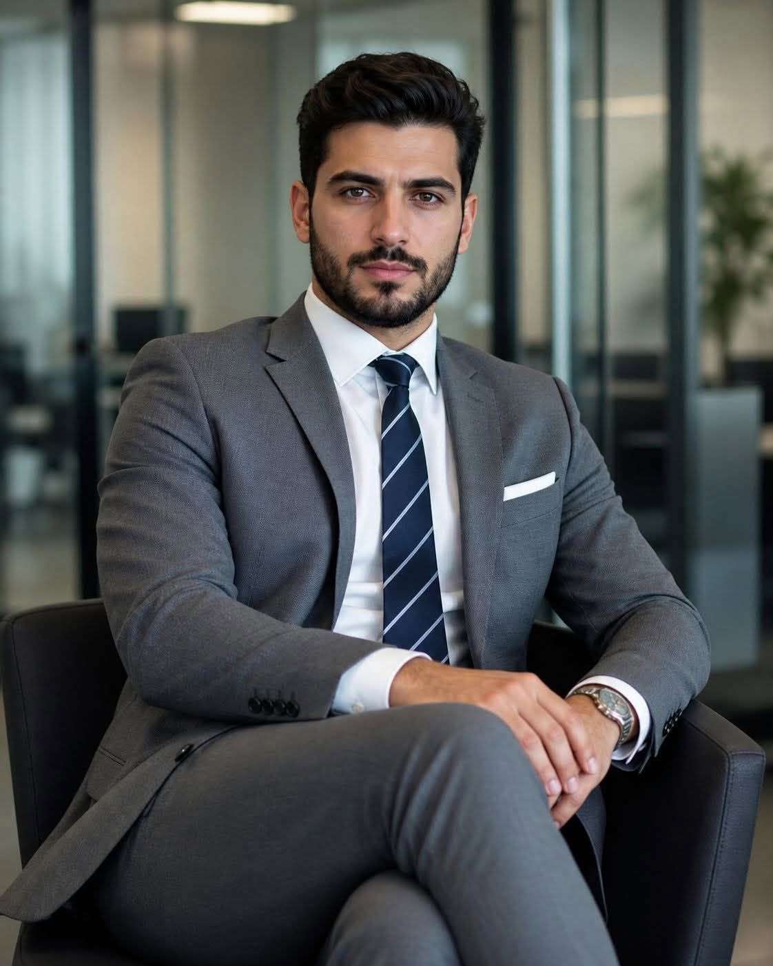 Ultra-realistic corporate portrait of a confident young man seated in a modern o — Google Gemini AI Image Prompt