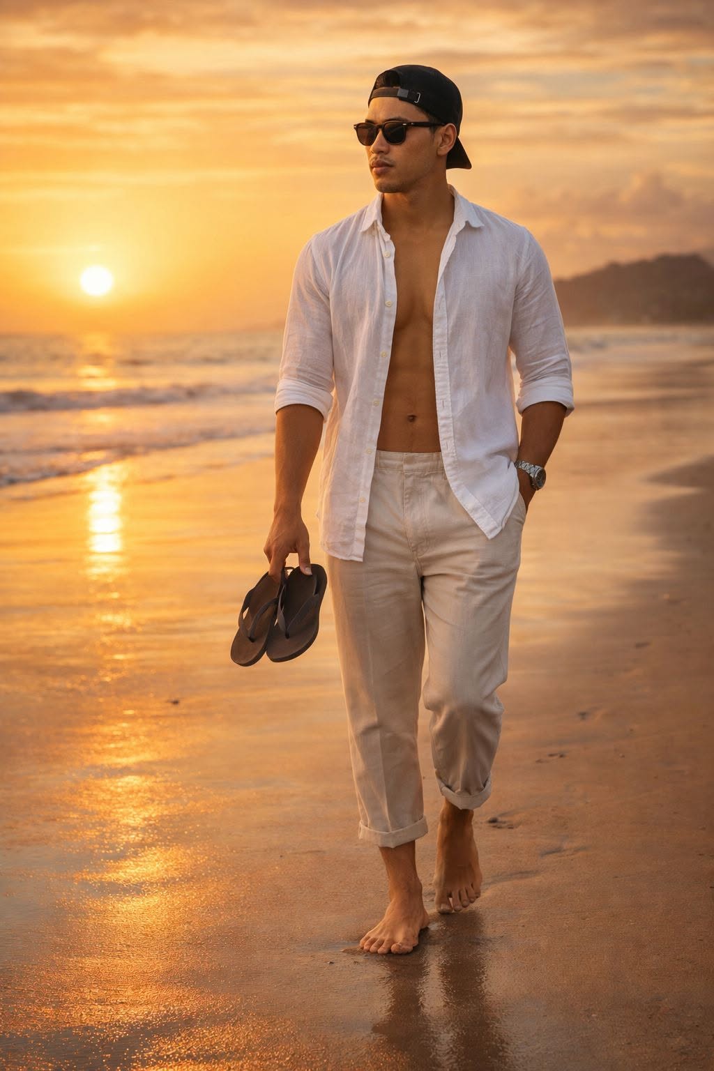 Hyper-realistic 4K full-body shot of the man (same face, no changes), walking ba — Google Gemini AI Image Prompt