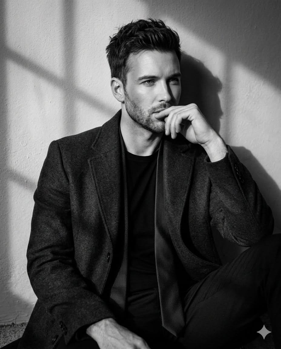 A high-resolution, cinematic black and white portrait capturing a young man in a — Google Gemini AI Image Prompt