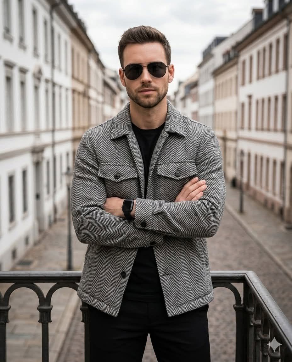 A high-resolution, professional outdoor portrait capturing a handsome man standi — Google Gemini AI Prompt