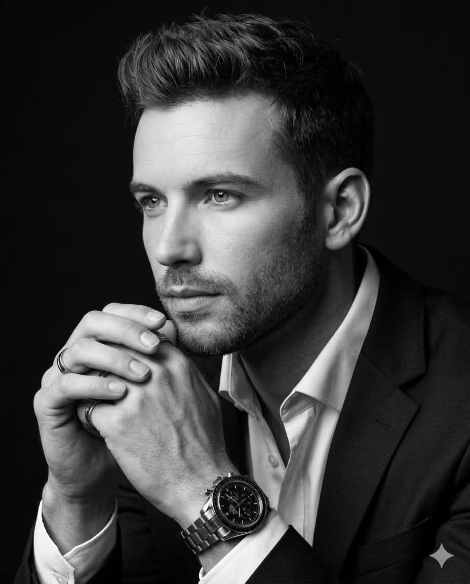 A high-resolution, dramatic black and white studio portrait of a sophisticated m — Google Gemini AI Image Prompt