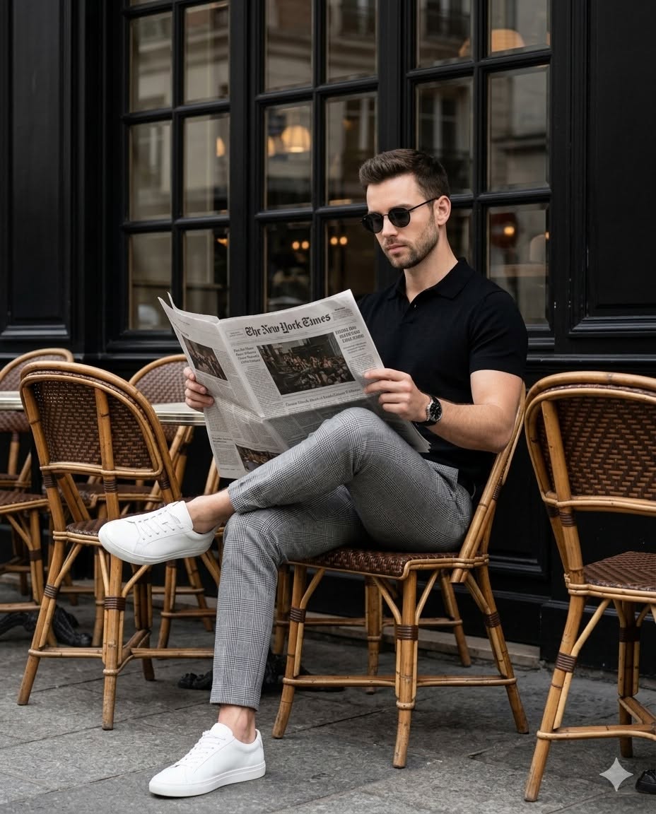 A high-resolution, candid street style photograph capturing a stylish man seated — Google Gemini AI Image Prompt