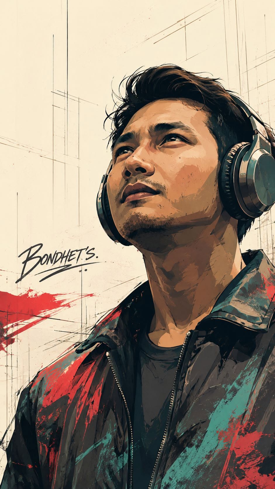 A low-angle portrait of a young man gazing upward with a serene expression. He w — DALL-E AI Prompt