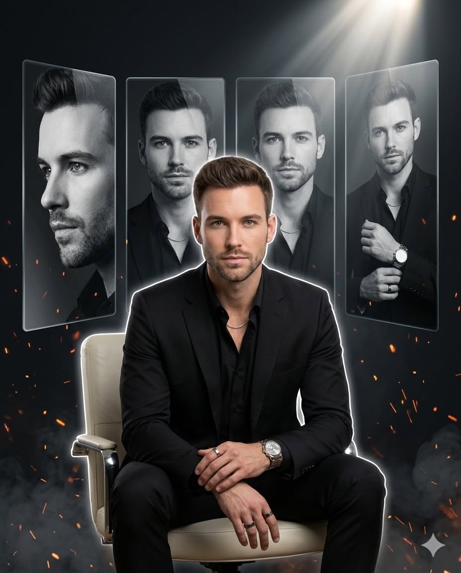 A high-resolution, dramatic studio portrait composition featuring multiple panel — Google Gemini AI Image Prompt