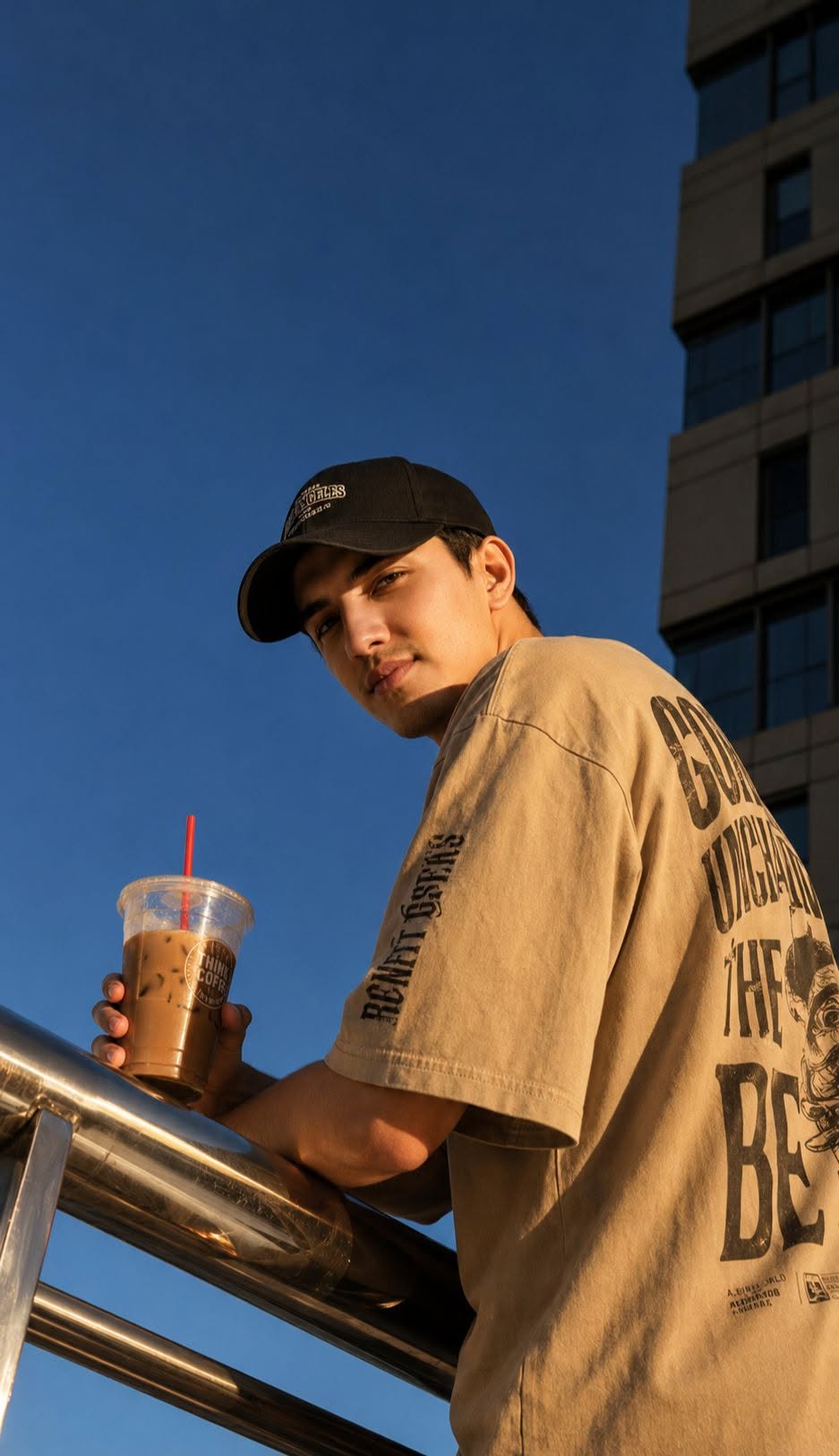 A low-angle close-up of a handsome man (face and hair referenced in the uploaded — AI Image Prompt