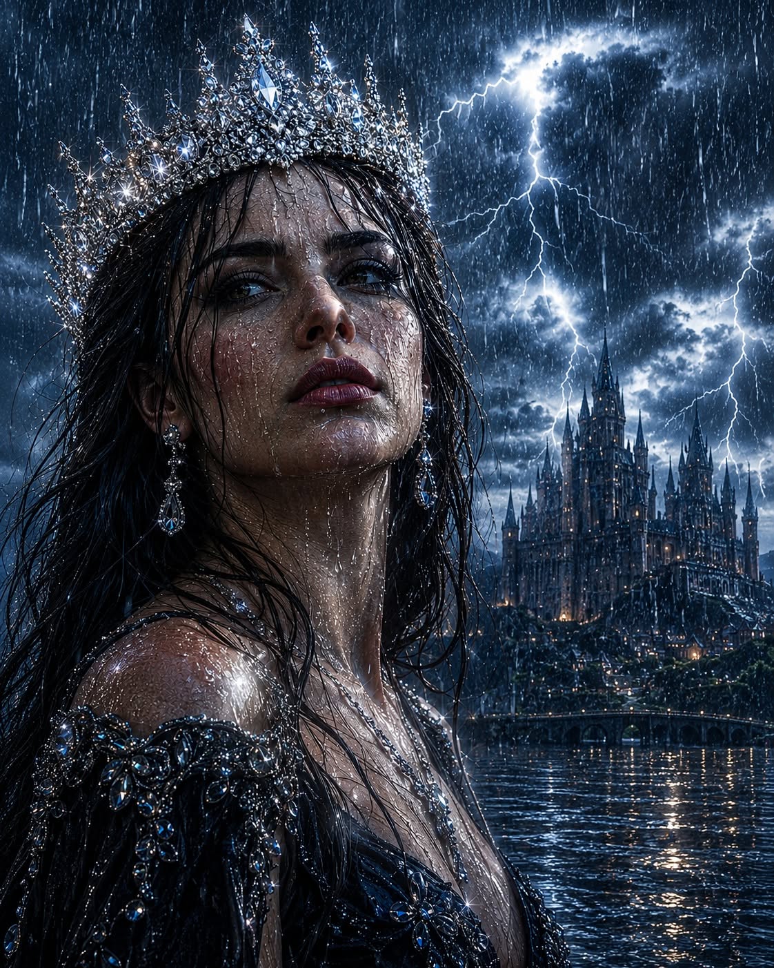 Ultra-realistic storm queen standing beside a dark enchanted castle during a thu — Google Gemini AI Prompt