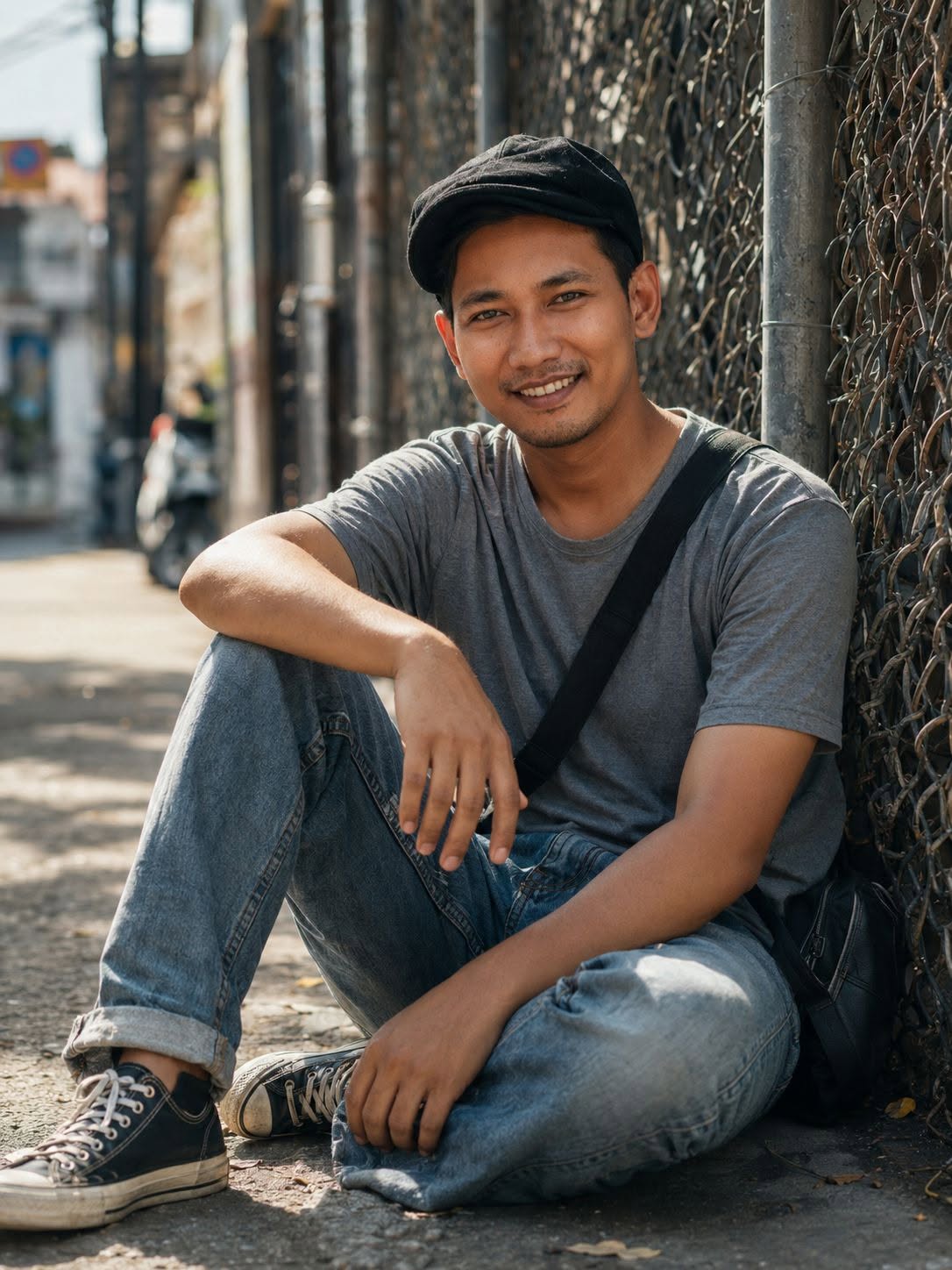 A heartwarming candid portrait of a cheerful young man in a black flat cap, sitt — Google Gemini AI Prompt