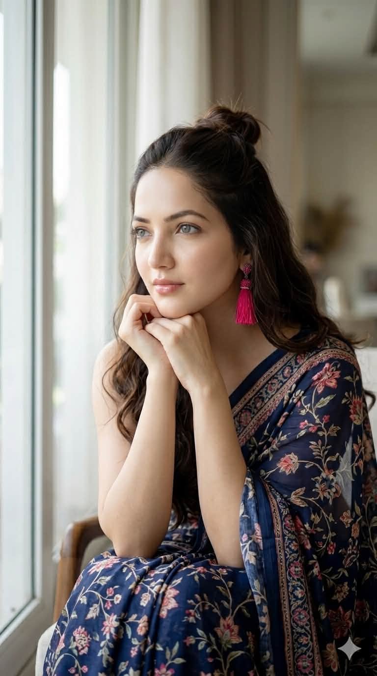Create an ultra-realistic cinematic portrait of a beautiful Indian woman sitting — Google Gemini AI Prompt