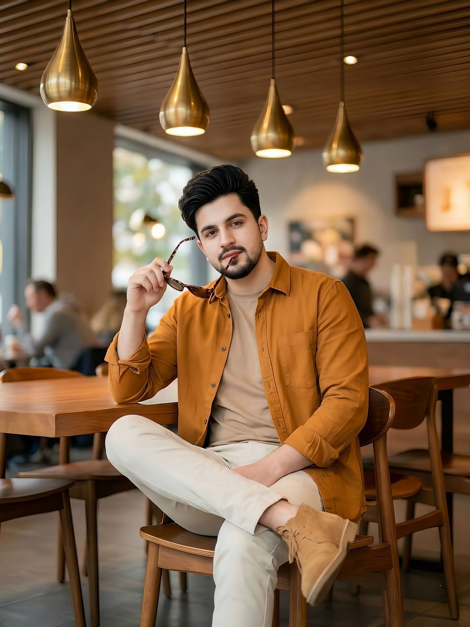 A photorealistic lifestyle portrait of a handsome young South Asian man sitting  — Google Gemini AI Prompt