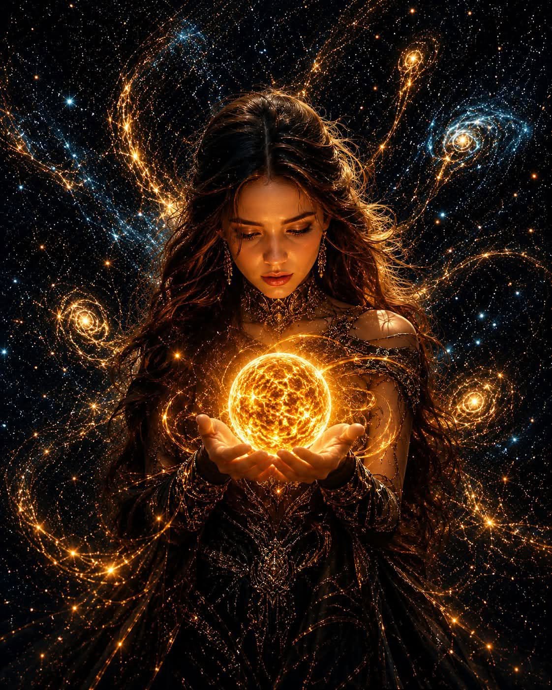 Ultra-realistic cosmic sorceress holding a radiant miniature sun between her han — Google Gemini AI Prompt