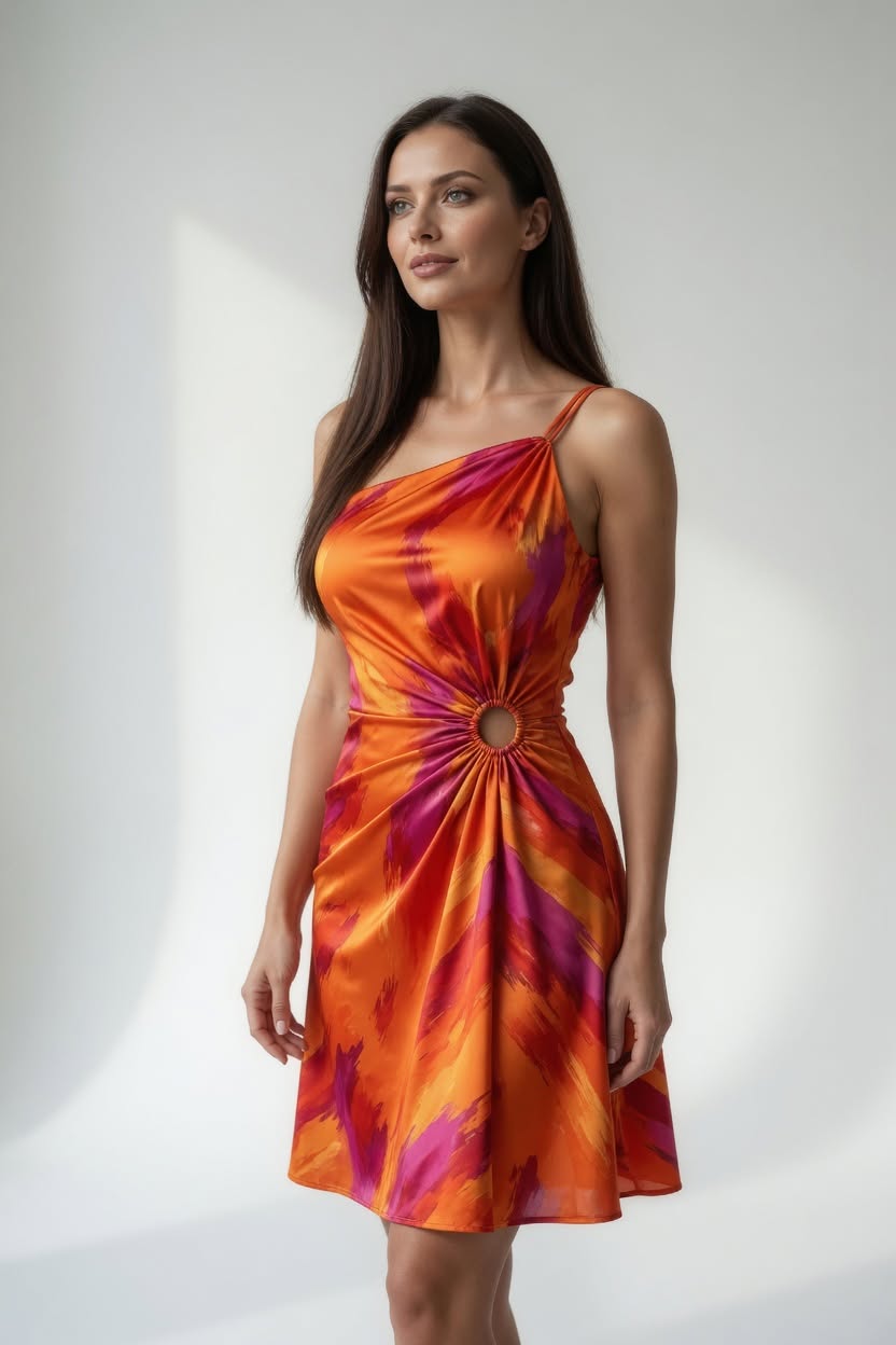 Studio fashion portrait of a slender female model standing in a three-quarter pr — Google Gemini AI Prompt