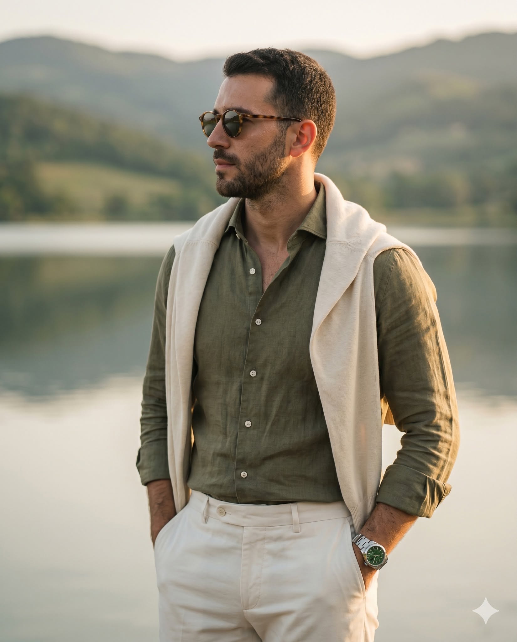 Photorealistic summer portrait of a stylish man standing by a calm lake with dis — Google Gemini AI Image Prompt
