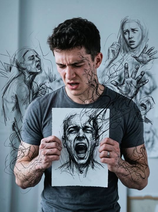 Ultra-realistic conceptual portrait of a young man wearing a fitted gray t-shirt — AI Image Prompt