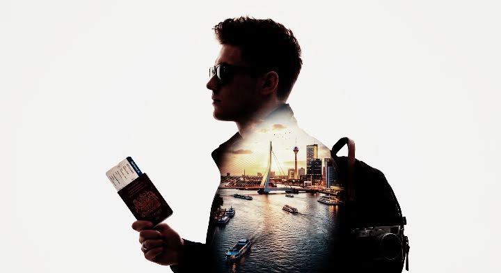 Ultra-realistic double exposure travel portrait, side-profile of a stylish young — Google Gemini AI Image Prompt