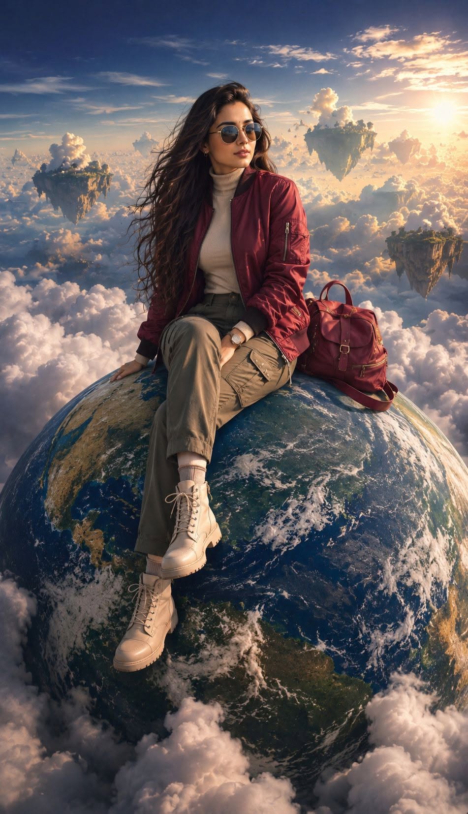 A dreamy, ultra-realistic fantasy travel portrait of a stylish young girl sittin — Google Gemini AI Prompt