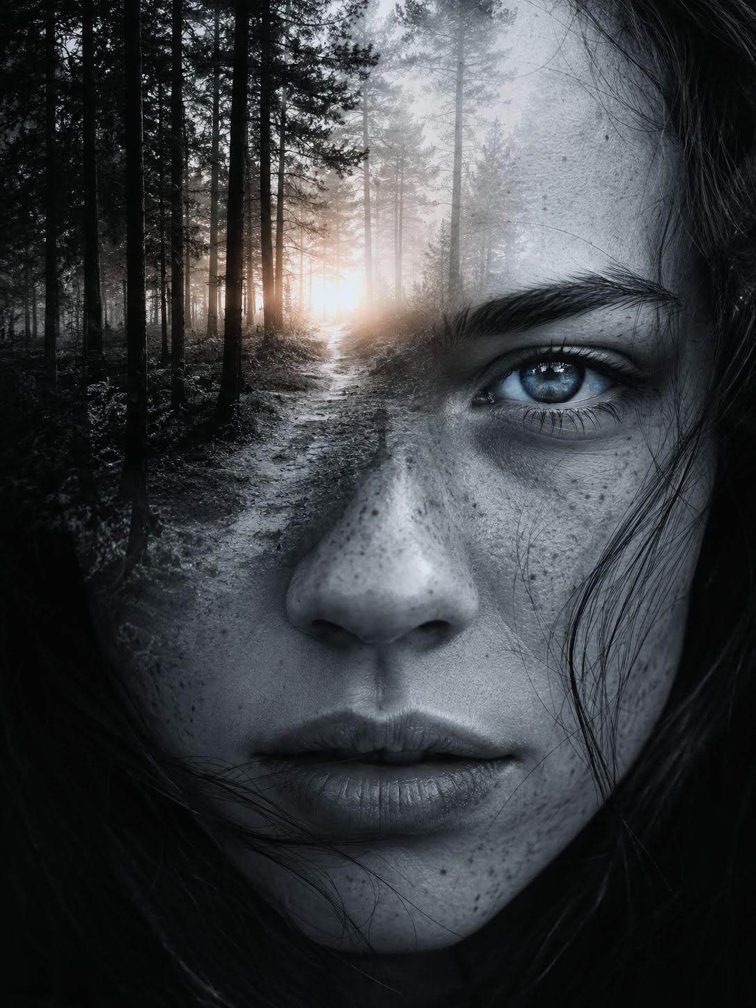 Ultra-realistic double exposure portrait of a young woman, close-up frontal face — Google Gemini AI Prompt
