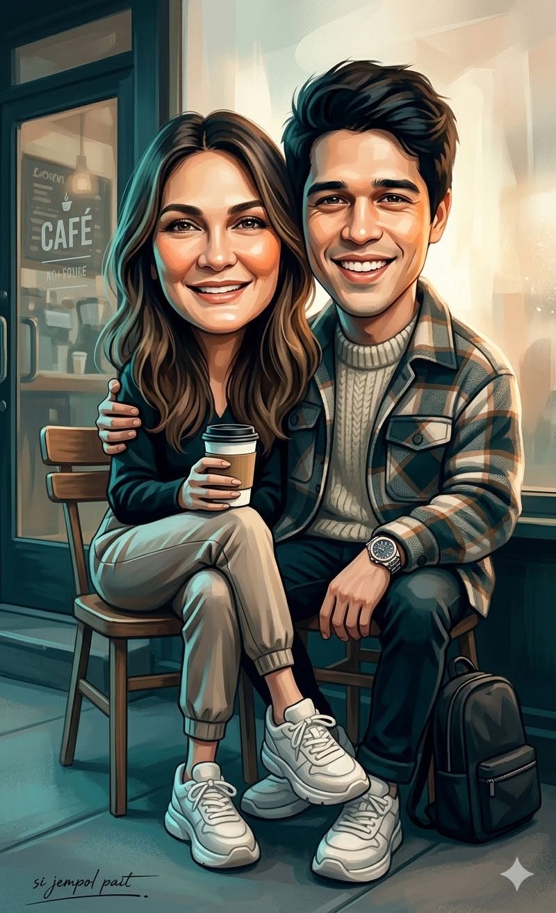 A contemporary mixed-media caricature portrait of a couple, 99% exact facial lik — Google Gemini AI Prompt