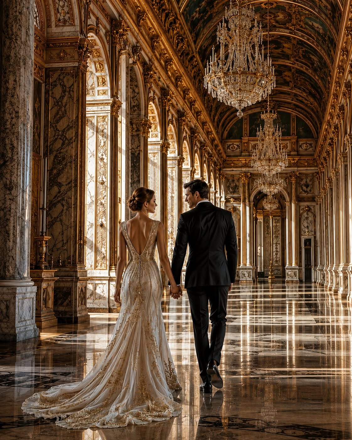 Ultra-realistic luxury couple walking hand in hand through a magnificent royal p — Google Gemini AI Prompt