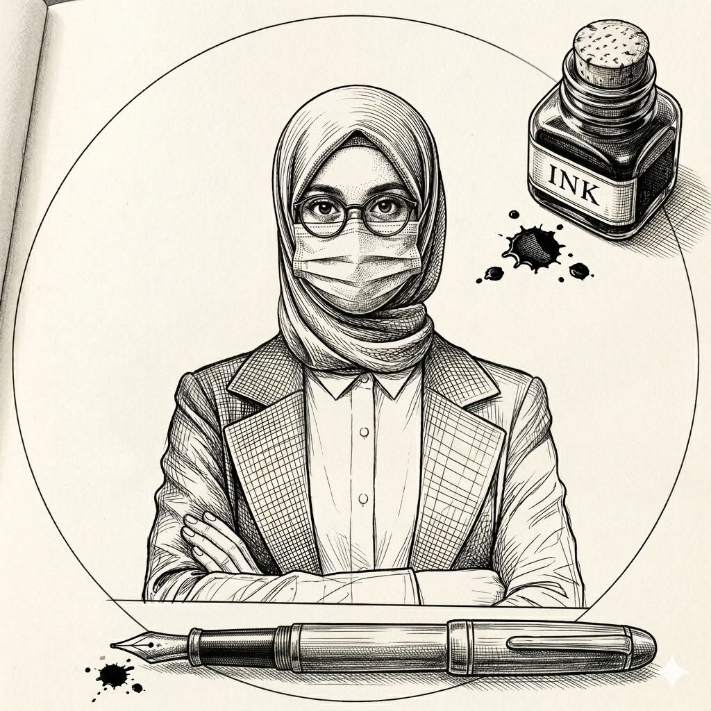 An ultra-detailed black-and-white pen-and-ink illustration on textured cream-whi — Midjourney AI Prompt
