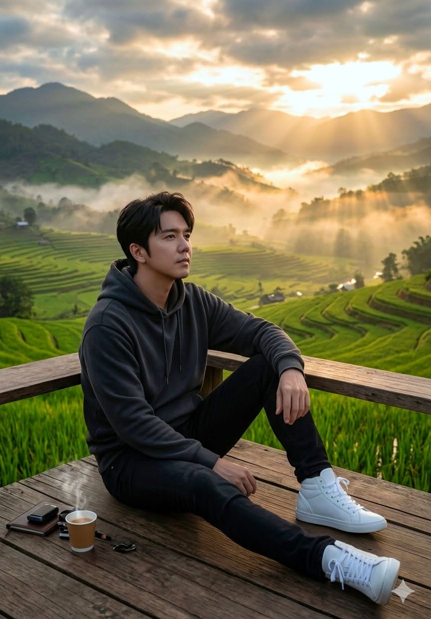 Ultra-realistic cinematic travel portrait of a young man (use uploaded photo don — DALL-E AI Image Prompt