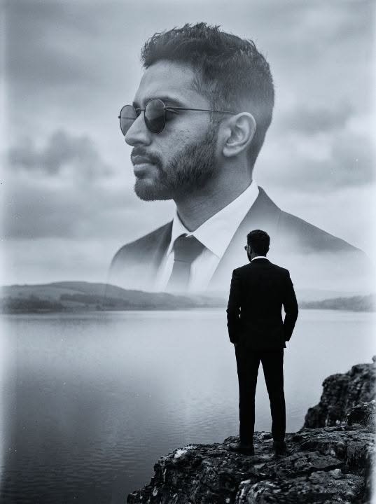 Ultra-realistic black-and-white cinematic portrait, double-exposure composition, — Google Gemini AI Image Prompt