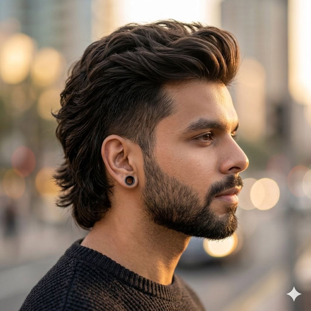 A high-quality, cinematic side-profile portrait of a young man with a stylish mo — DALL-E AI Image Prompt