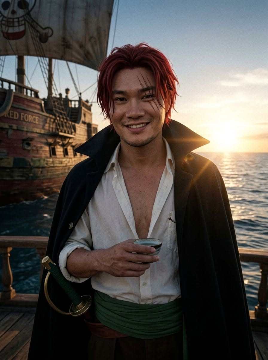 A photorealistic live-action cinematic masterpiece of Red-Haired Shanks from One — Google Gemini AI Prompt