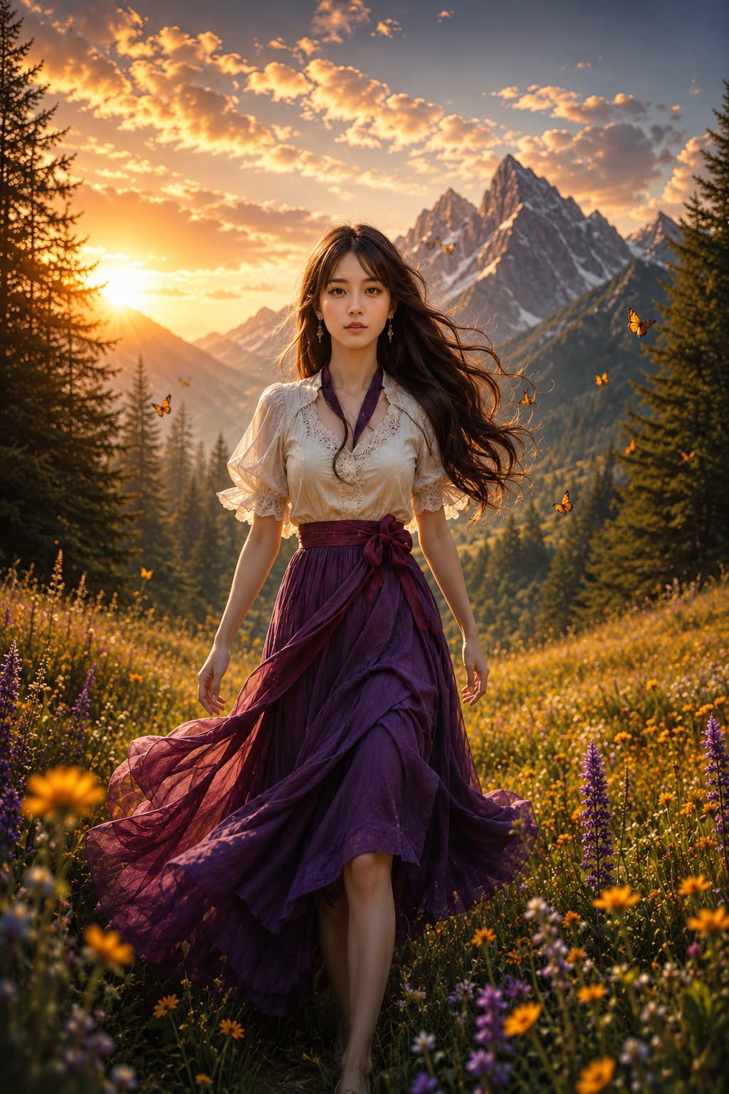 An ethereal young woman with long deep-brown flowing hair walking gracefully thr — DALL-E AI Prompt